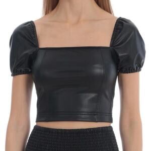 NWT New Avec Les Filles Puff Sleeve Faux Leather Crop Top Size M